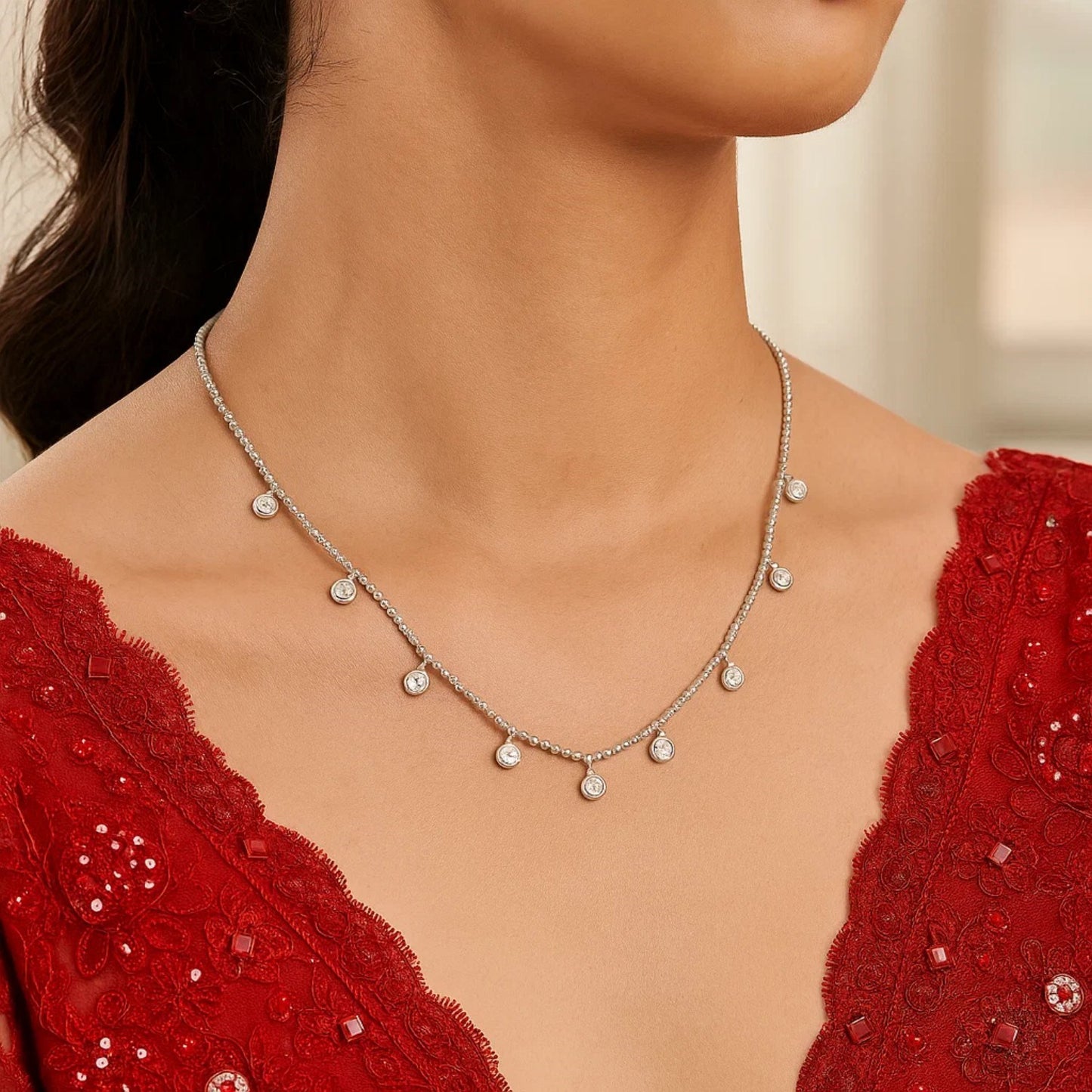 14k White Gold Necklace with Round Diamond Charms