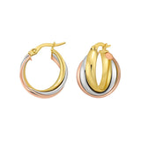 14K Tri Color Gold Polished Medium Trinity Woven Hoop Earrings