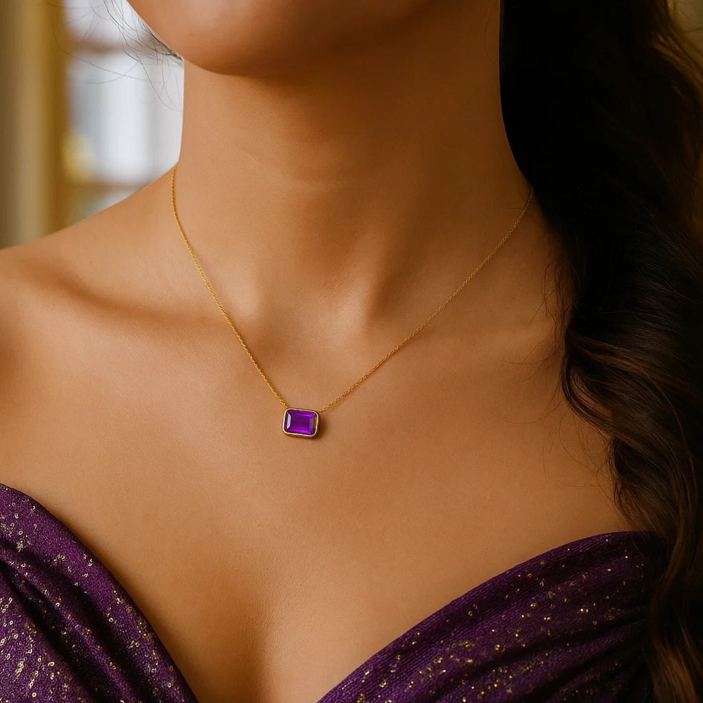 14K Yellow Gold Emerald Cut Amethyst Necklace