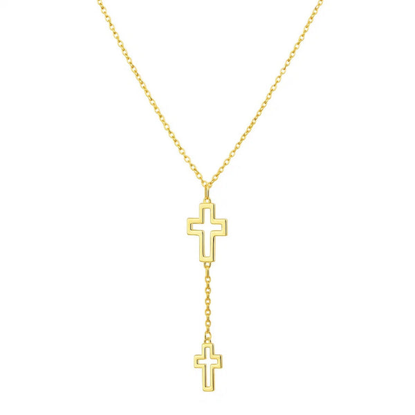 Double Cross Drop Necklace in 14K Yellow Gold