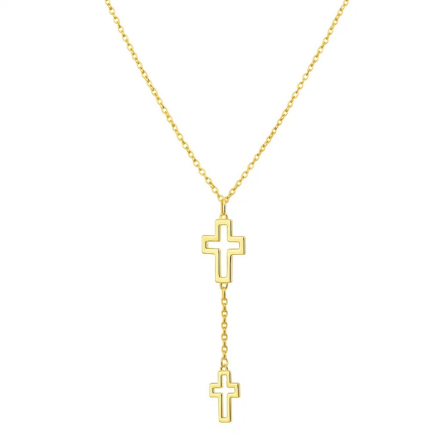 Double Cross Drop Necklace in 14K Yellow Gold