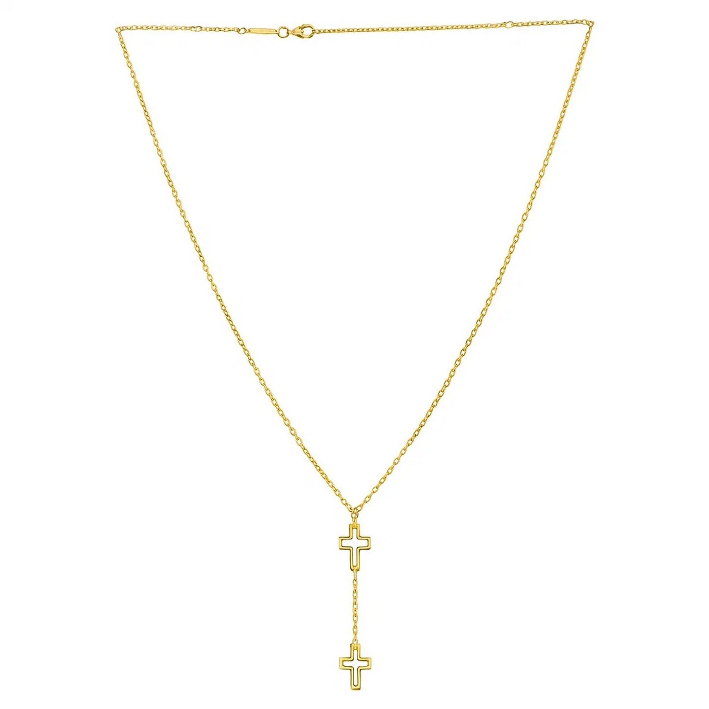Double Cross Drop Necklace in 14K Yellow Gold