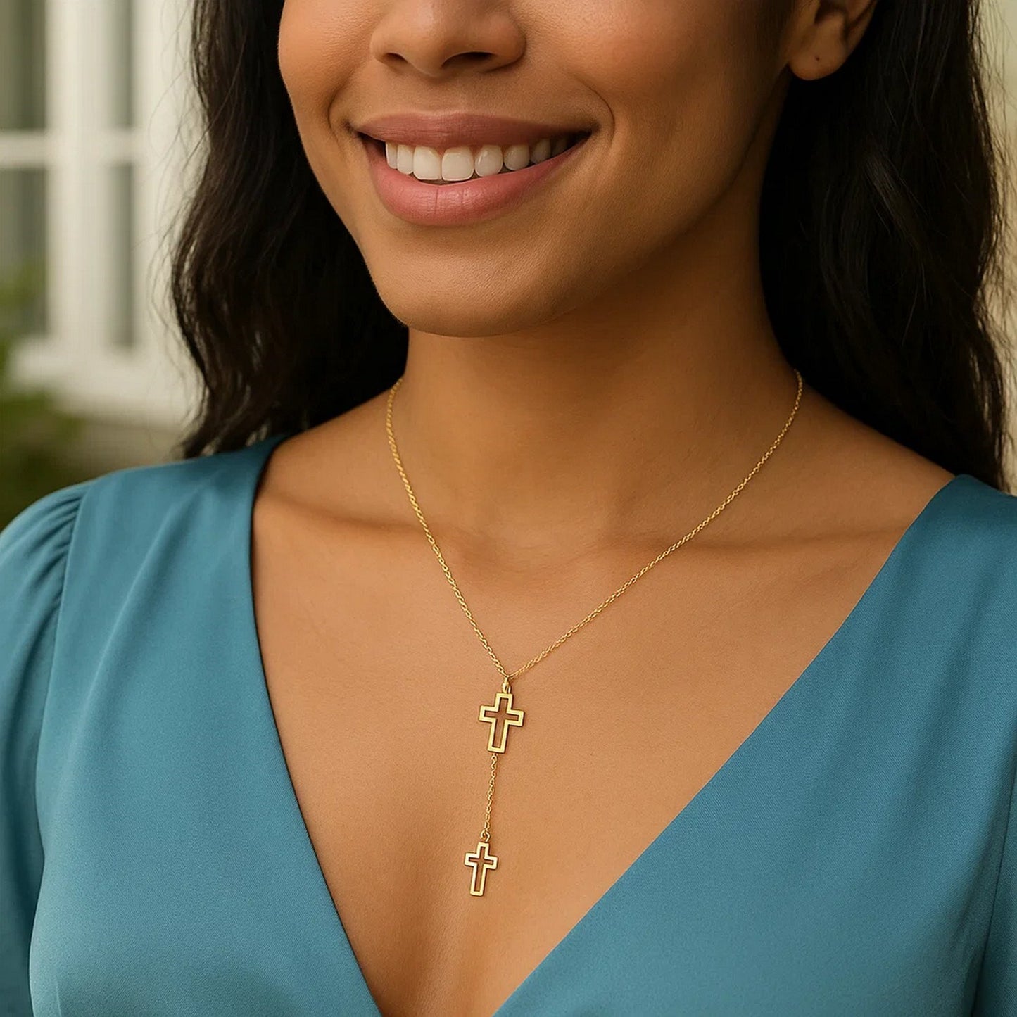 Double Cross Drop Necklace in 14K Yellow Gold