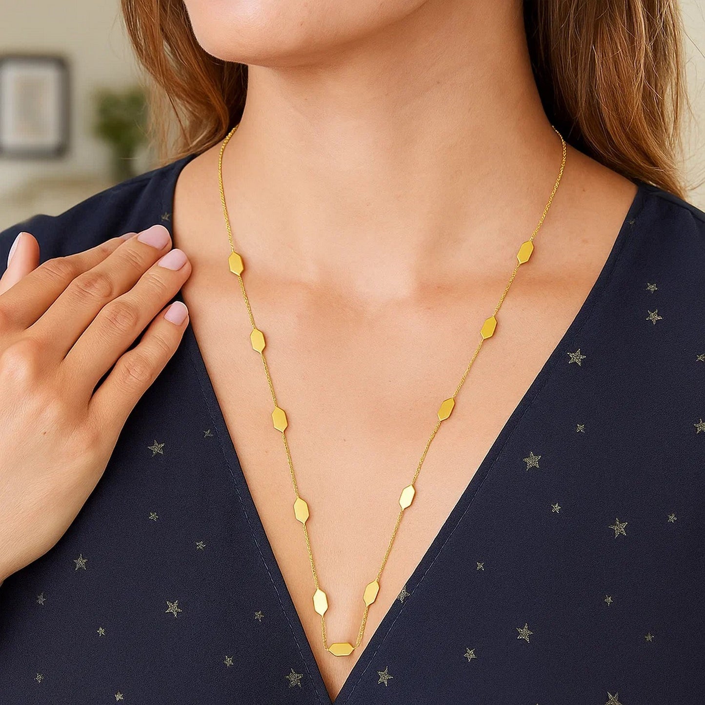 Elongated Hexagon Necklace in 14K Yellow Gold