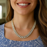 14k Two Tone Gold Miami Cuban Chain Necklace with White Pave