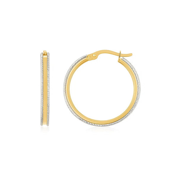 14K Two Tone Gold Diamond Cut Round Hoop Earrings