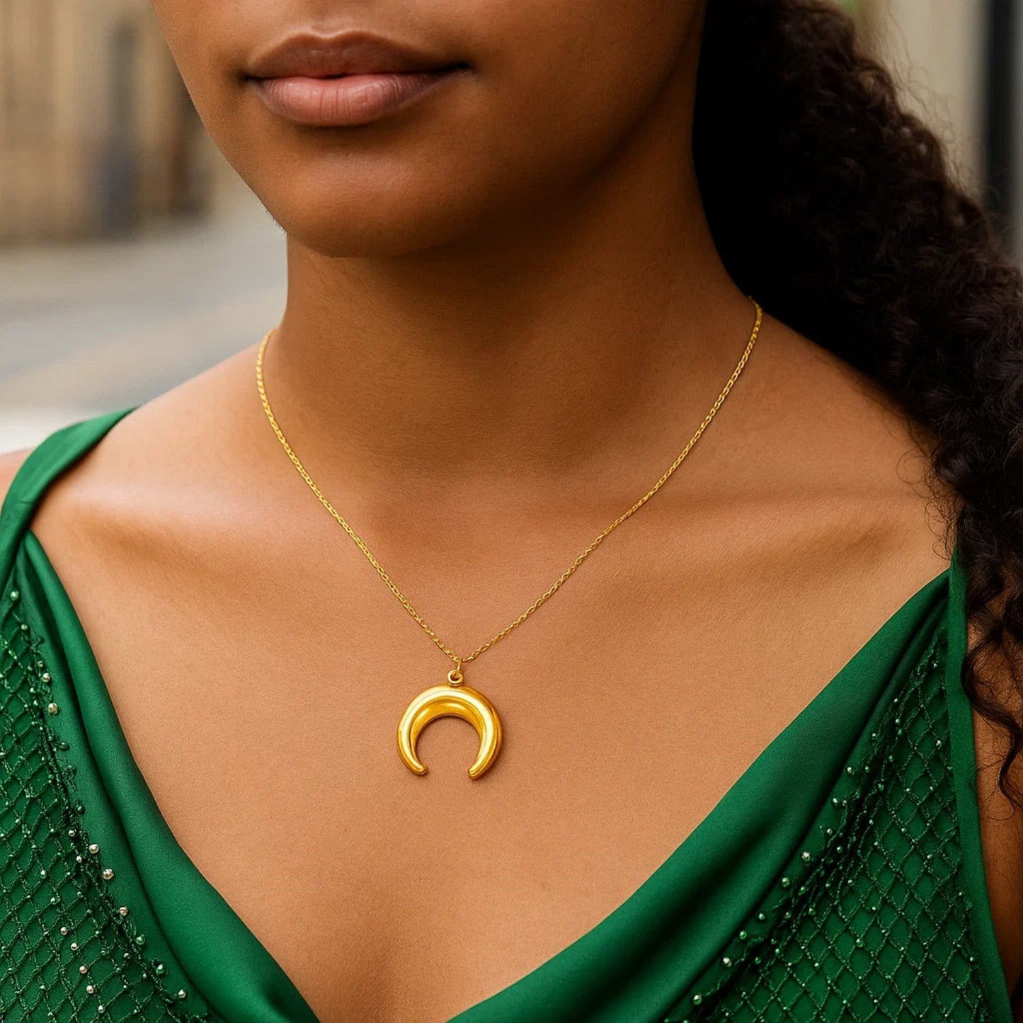14k Yellow Gold 17 inch Necklace with Domed Moon Motif Pendant