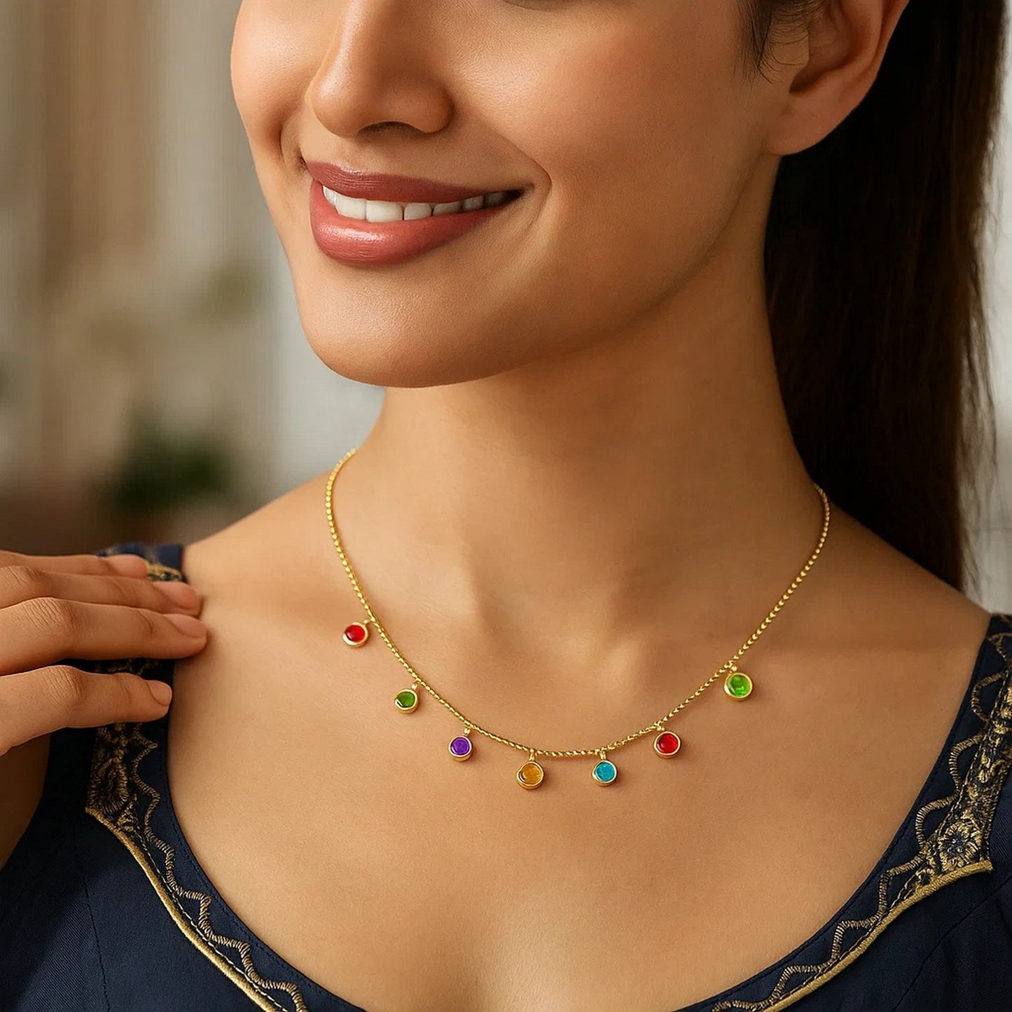 14k Yellow Gold Cable Chain Necklace with Round Multi-Tone Charms