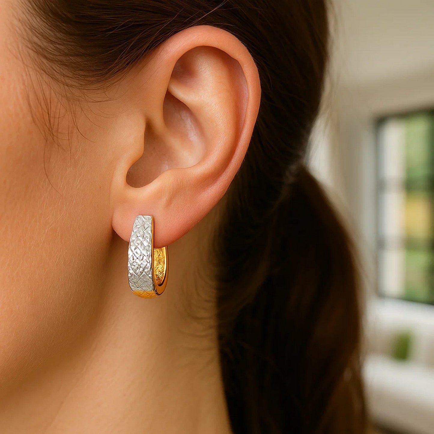 14k Two-Tone Gold Oval Diamond Cut Textured Earrings