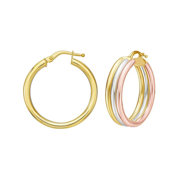 14K Tri Color Gold Polished Trinity Tube Hoop Earrings