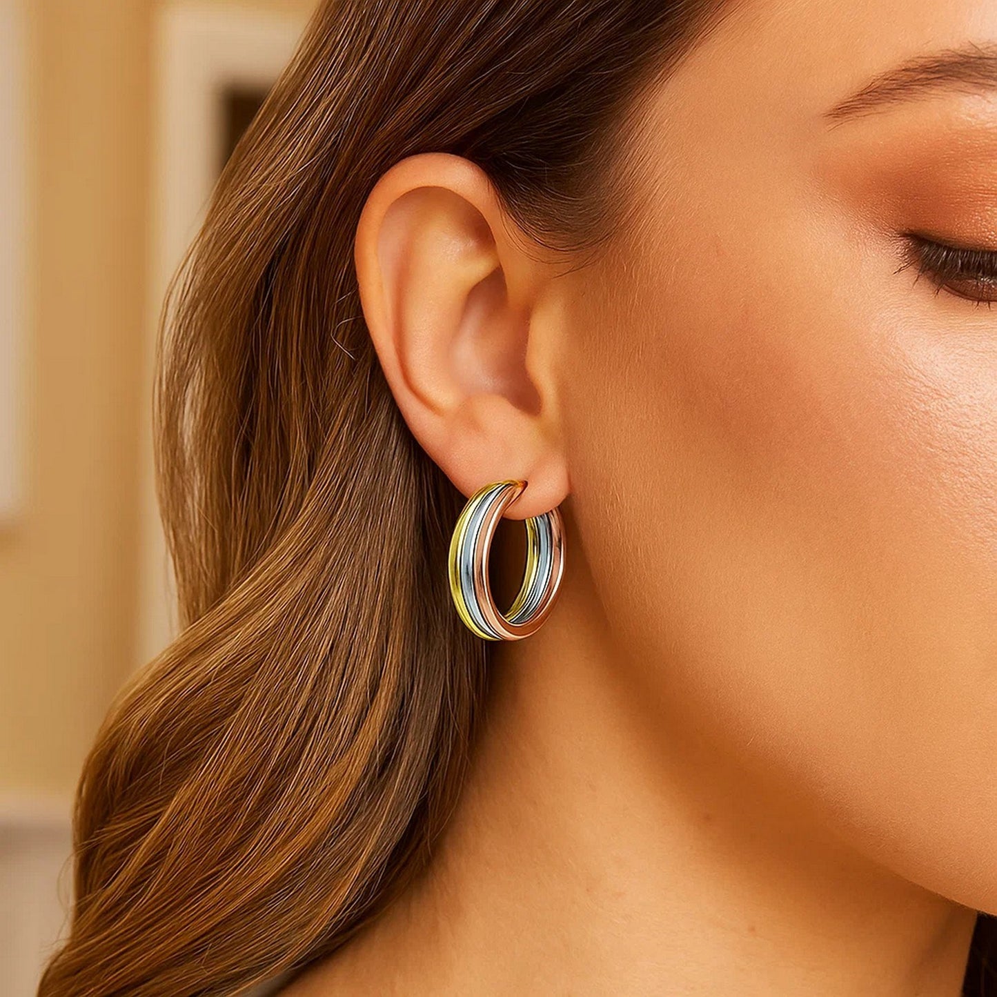 14K Tri Color Gold Polished Trinity Tube Hoop Earrings