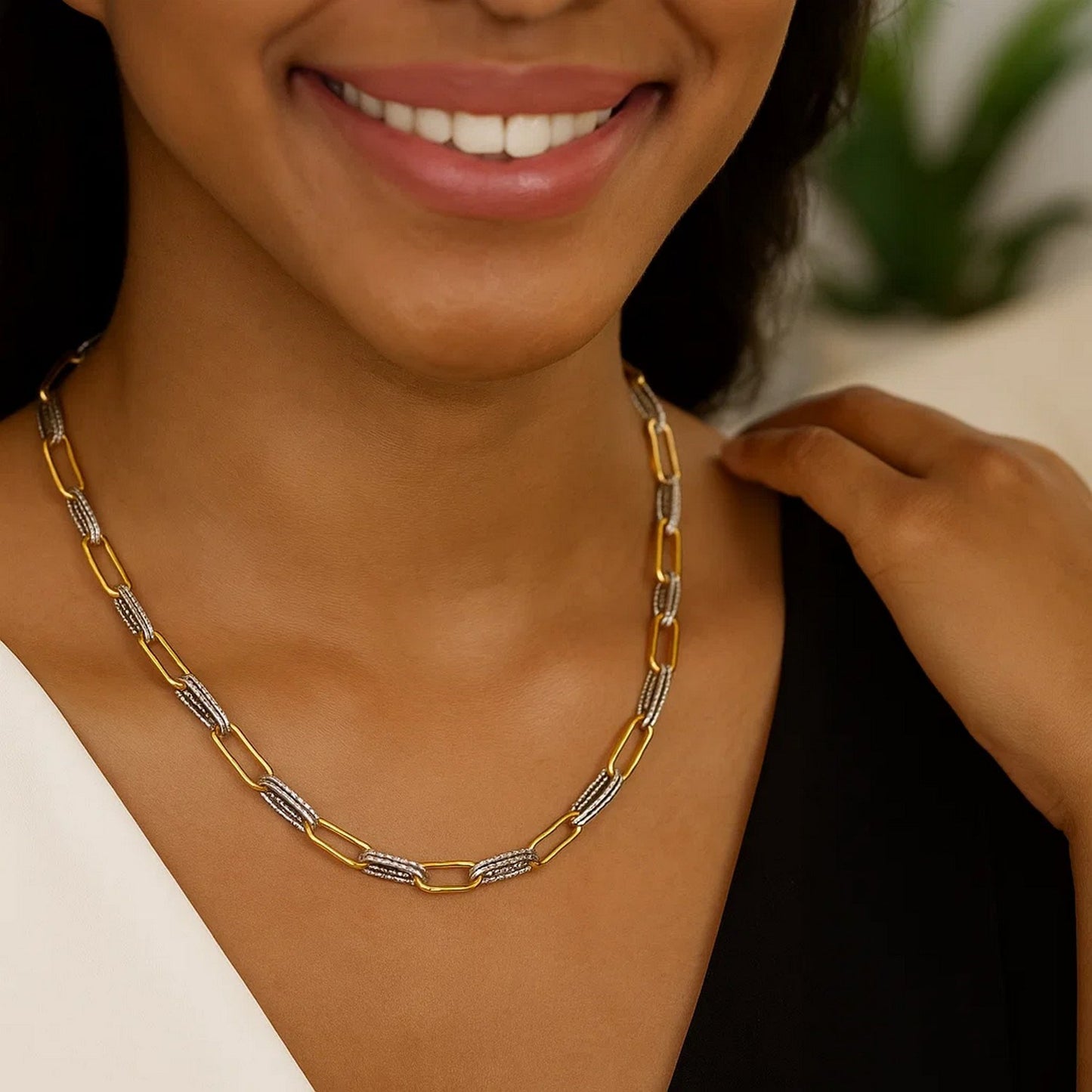 14K Two Tone Gold Diamante Paperclip Necklace (6.20 mm)