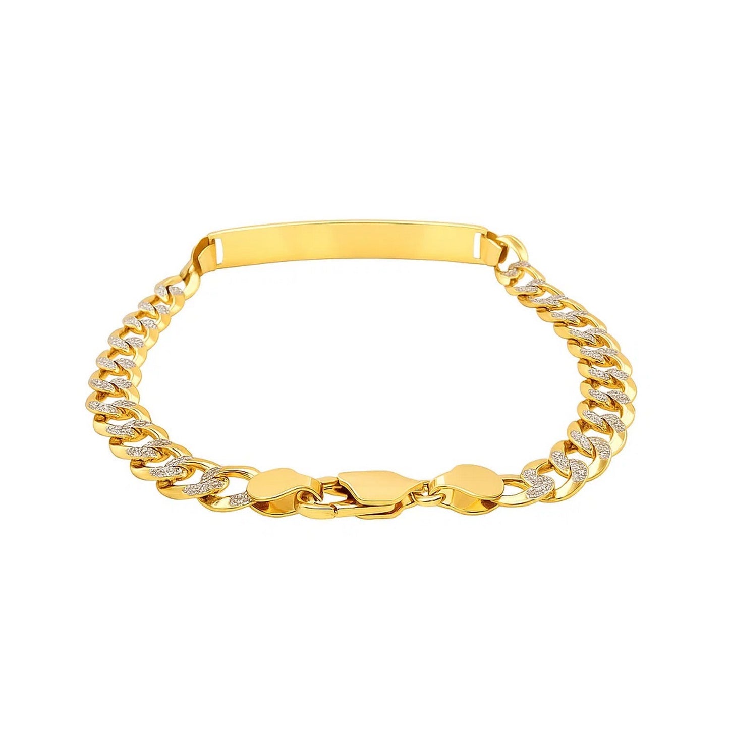 14k Two Tone Gold Mens Narrow Curb Chain ID Bracelet with White Pave (6.70 mm)