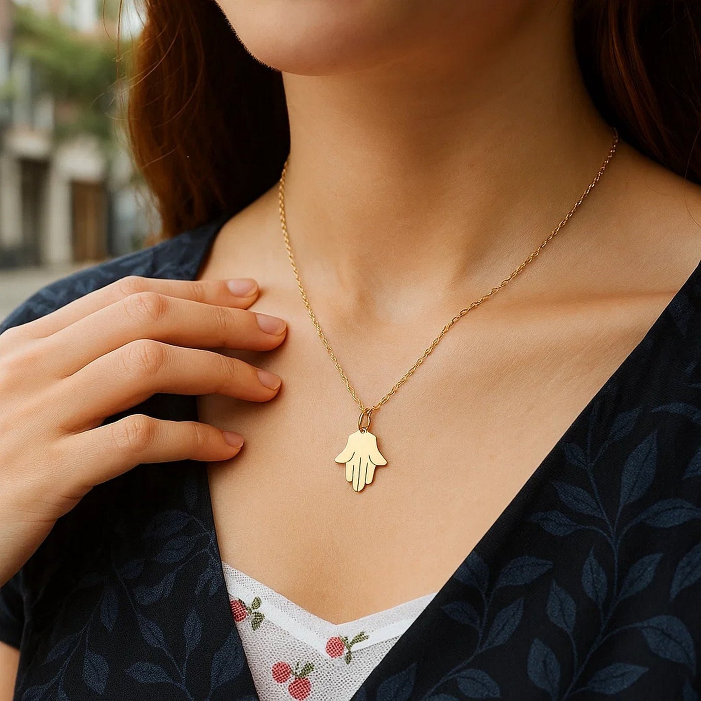 14K Yellow Gold Hand of Hamsa Necklace