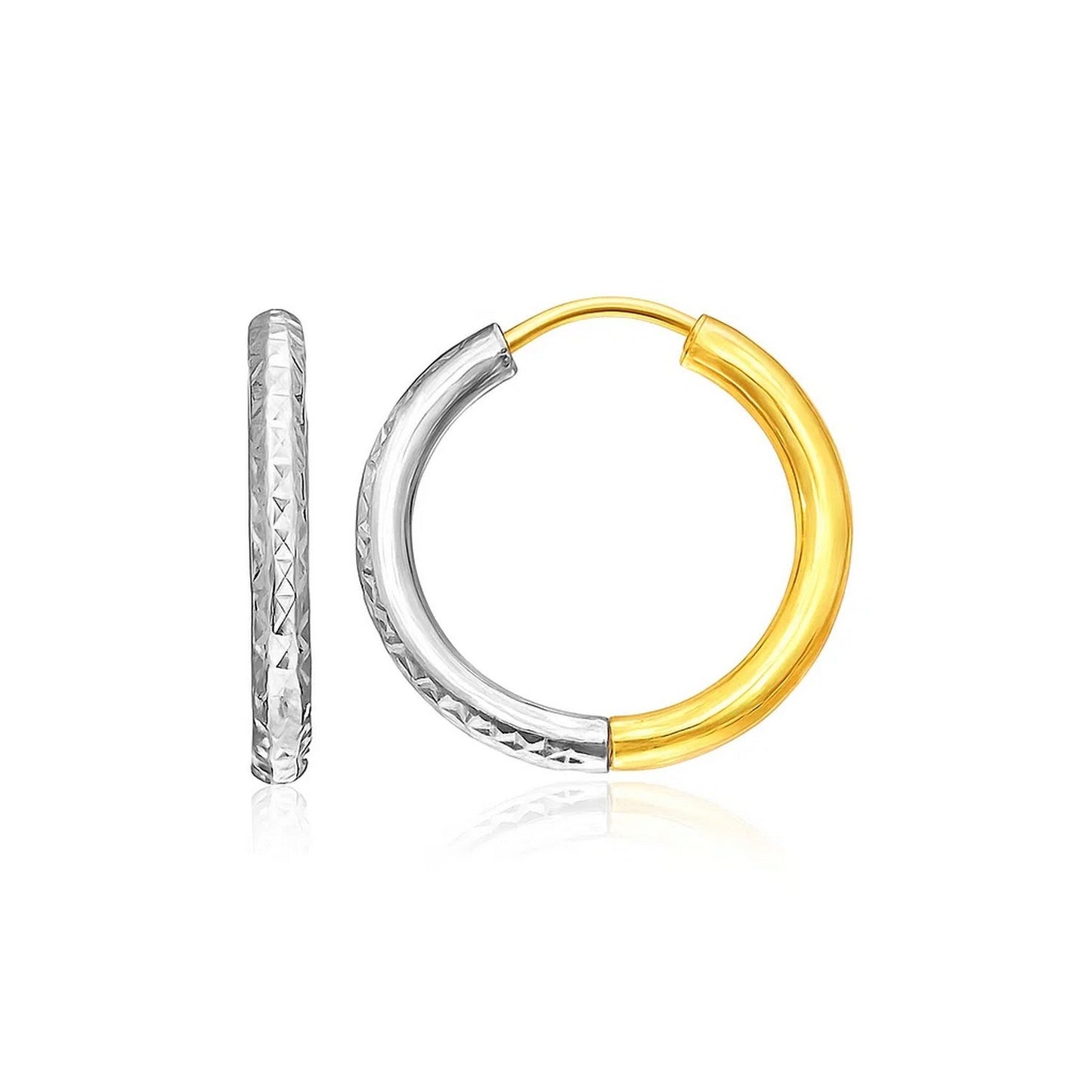 14k Two-Tone Gold Hoop Earrings with Textured Style(2.5x15mm)