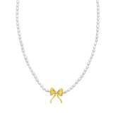 14K Yellow Gold Bow and Pearl Necklace