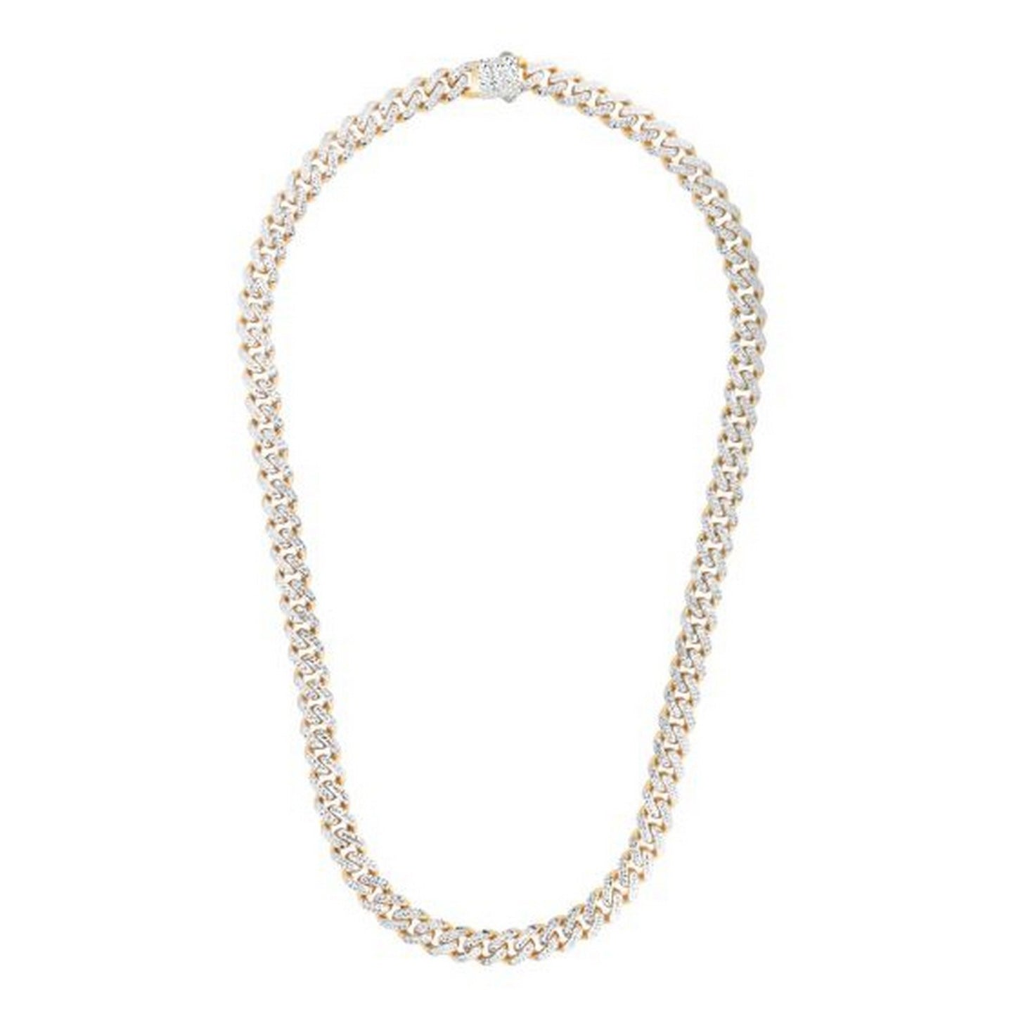 14k Two Tone Gold Miami Cuban Chain Necklace with White Pave