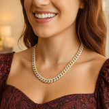 14k Two Tone Gold Miami Cuban Chain Necklace with White Pave