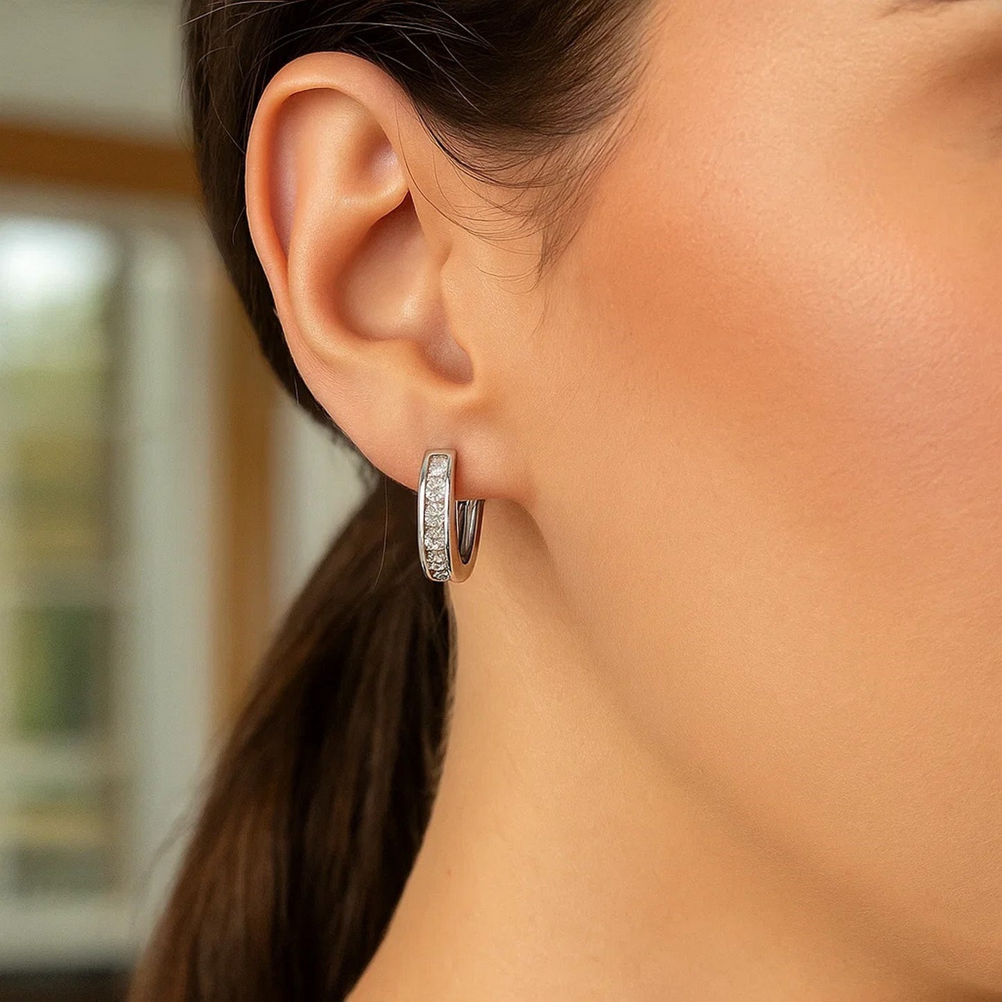 Sterling Silver Oval Hoop Earrings with Cubic Zirconias(3x15mm)