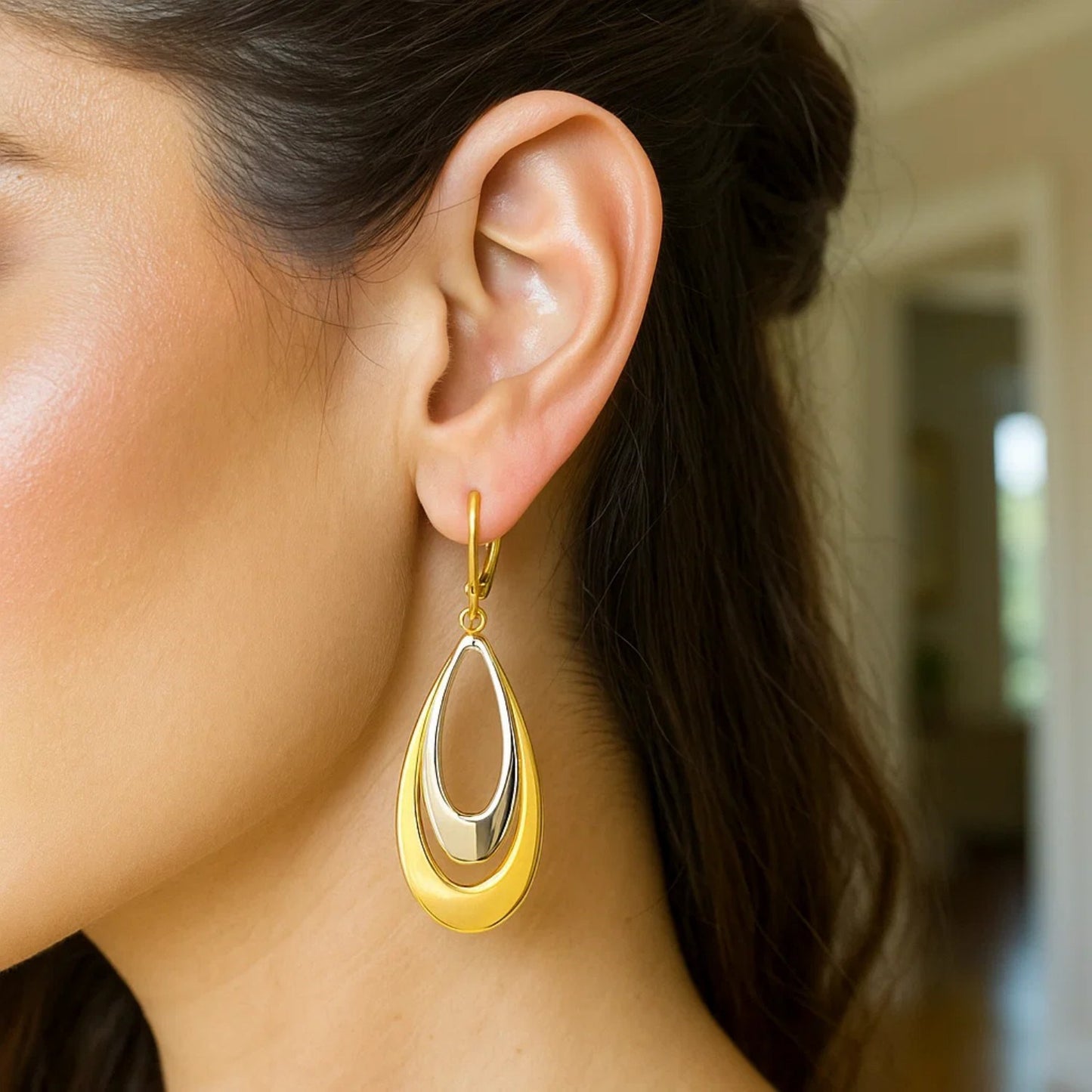 14k Two-Tone Gold Graduated Open Double Teardrop Earrings