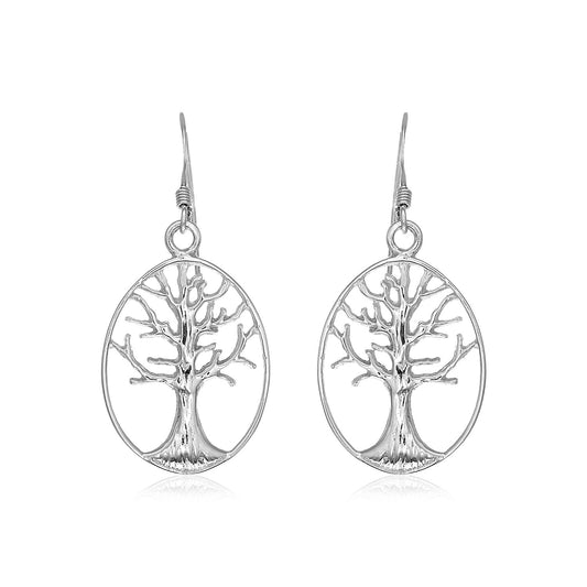 Sterling Silver Oval Round Tree of Life Earrings