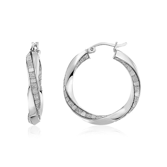 Sterling Silver Polished and Glitter Textured Twisted Hoop Earrings