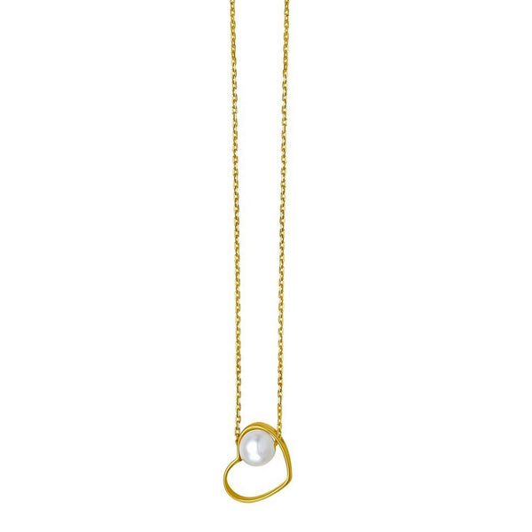 Open Heart and Pearl Necklace in 14K Yellow Gold