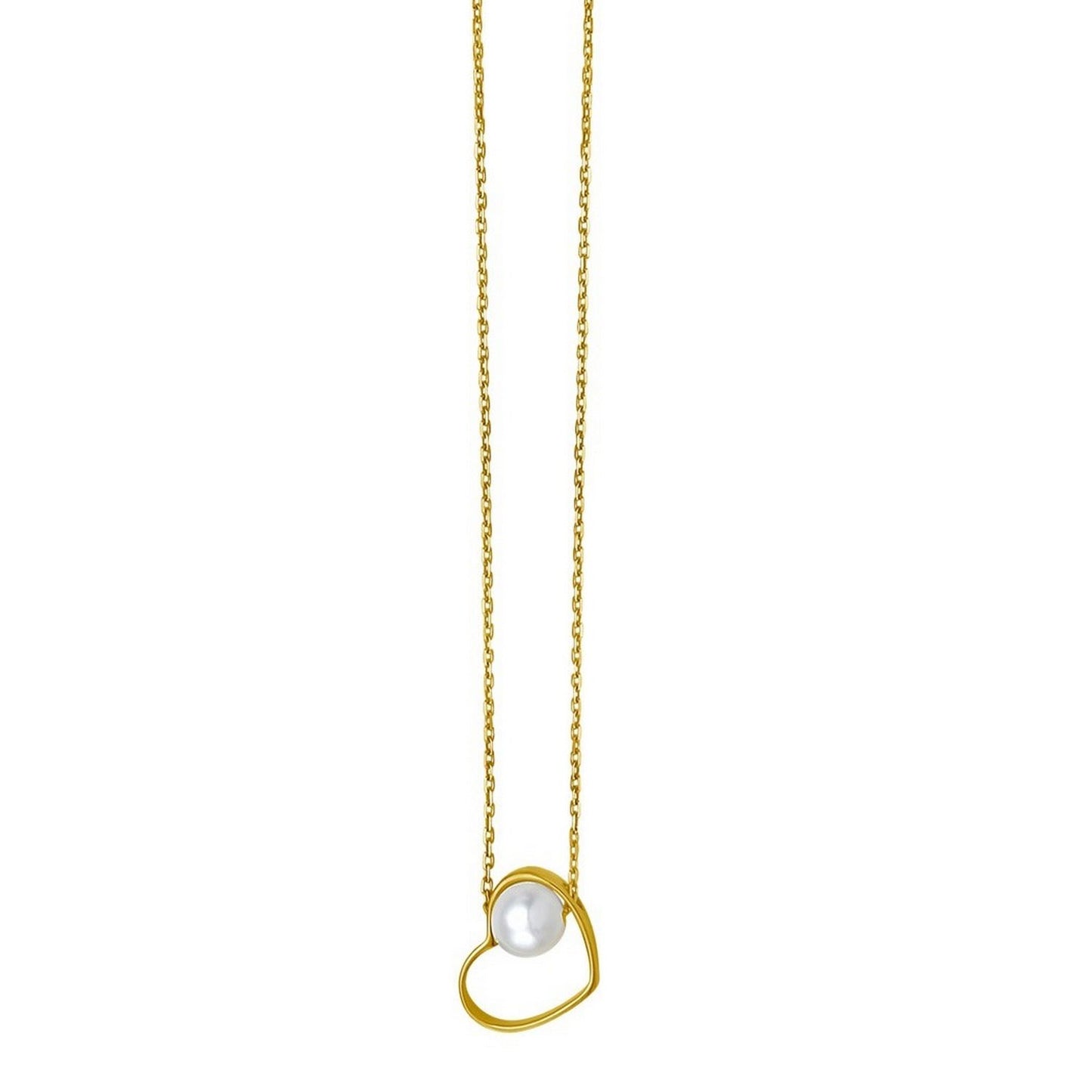 Open Heart and Pearl Necklace in 14K Yellow Gold