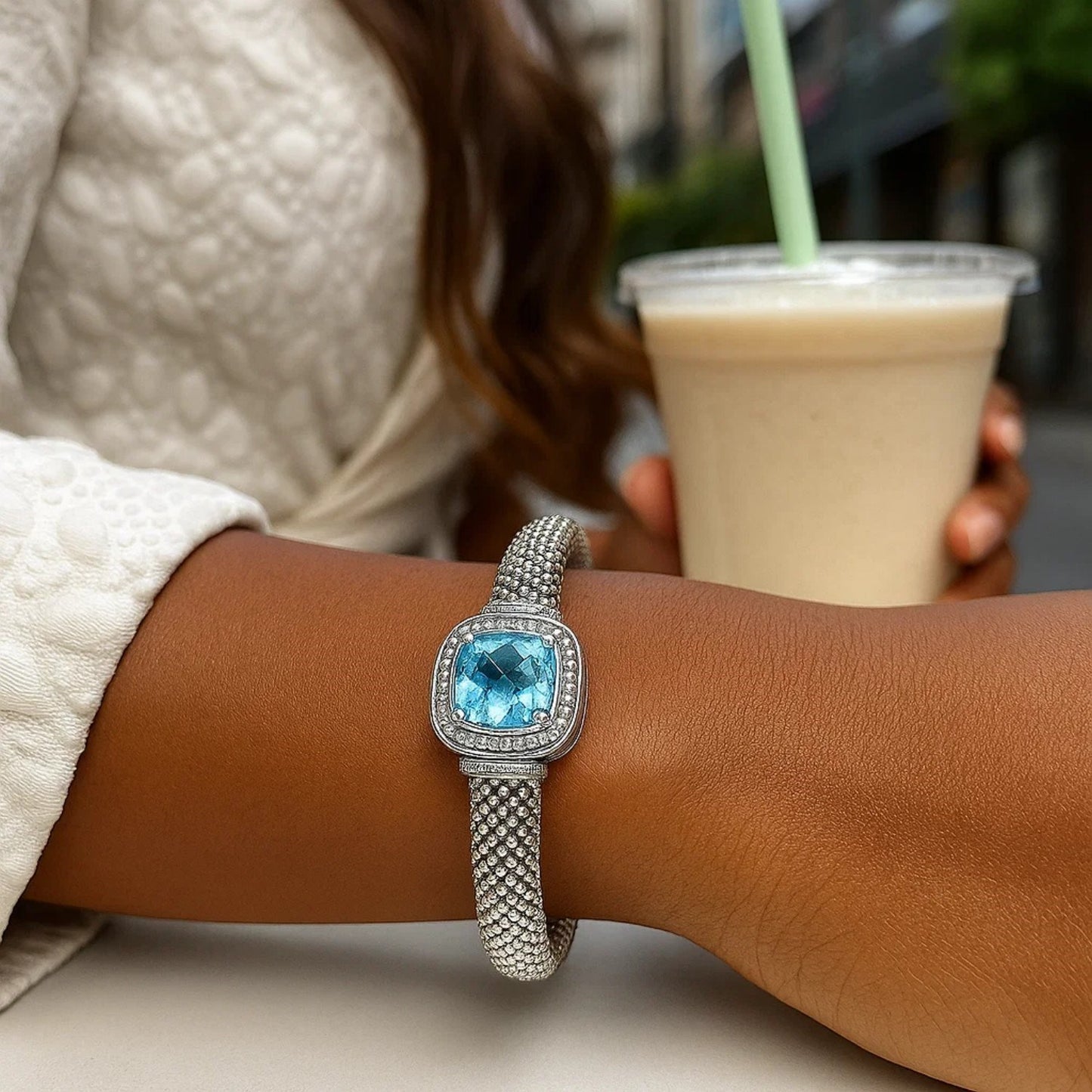 Popcorn Texture Cuff Bangle with Blue Topaz and Diamonds in Sterling Silver