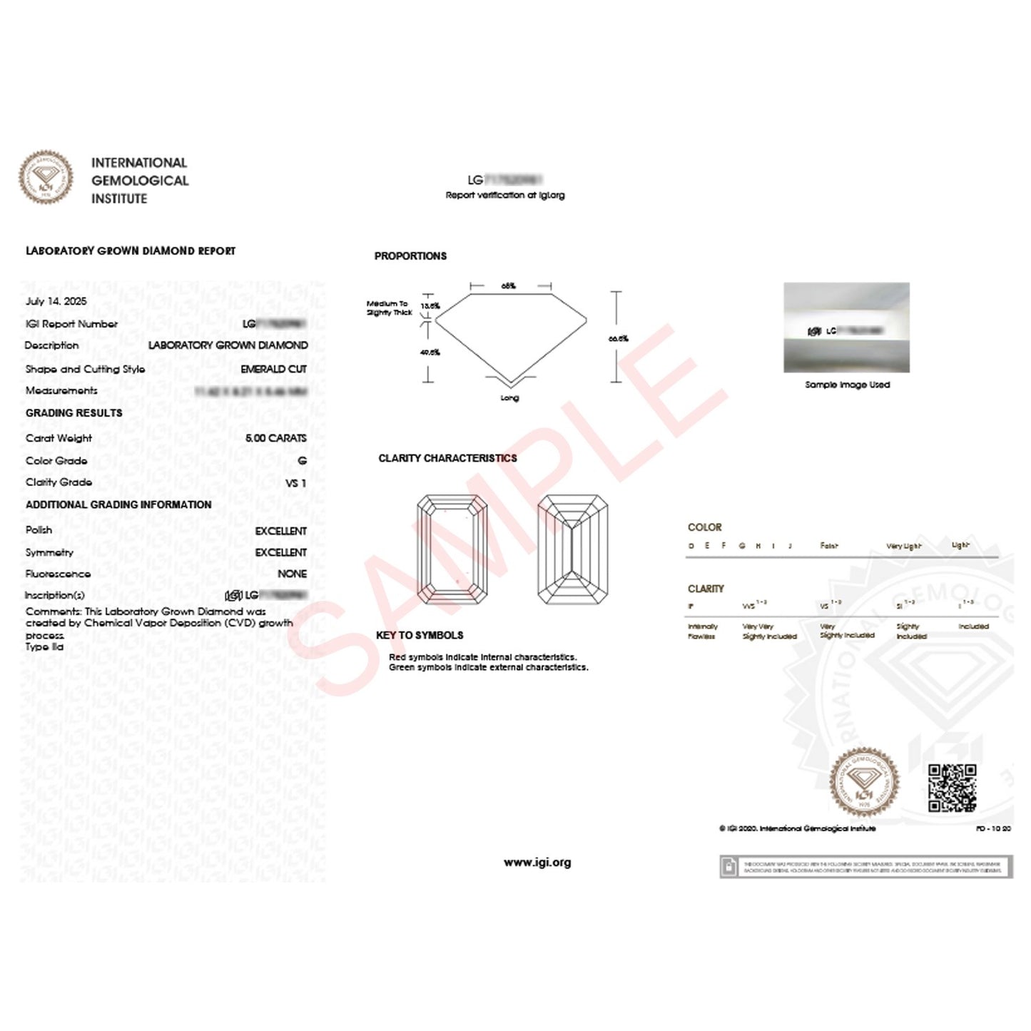 5 Carat Emerald Lab Grown IGI G/VS1 Diamond Solitaire Ring in 10K White Gold