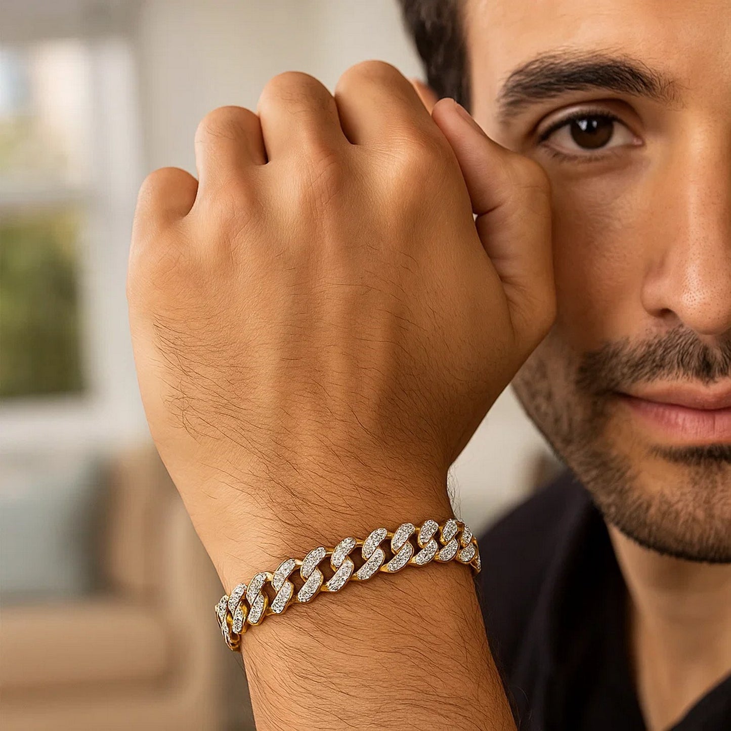 14k Two Tone Gold Curb Chain Bracelet with Diamond Pave Links (9.50 mm)