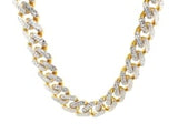 14k Two Tone Gold Miami Cuban Chain Necklace with White Pave